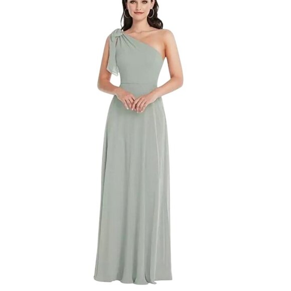 NEW After Six Draped One-Shoulder Maxi Dress with Scarf Bow in Willow Green, Siz - Picture 1 of 14